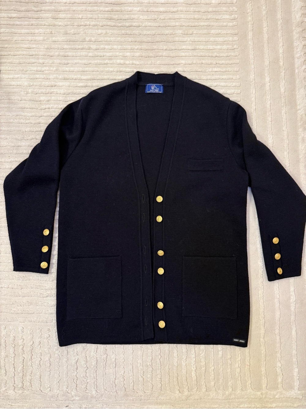 Vintage Saint James 100% Wool Long Cardigan Small Black Gold Nautical Buttons